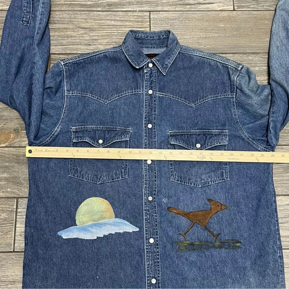 VTG Sunbelt Denim Pearl Snap Western Shirt M Hand Painted Roadrunner Shacket - Picture 15 of 16